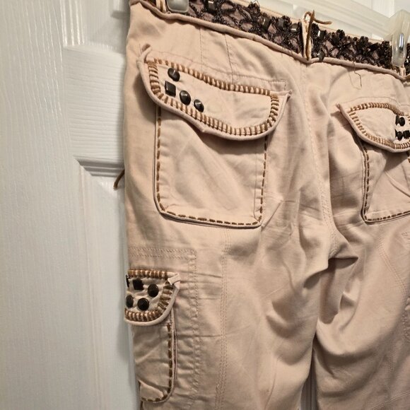 SPICE & ROSES Women's Beaded Drawstring 100% Cotton Cargo Pants - Beige - 12/14 - Picture 12 of 15